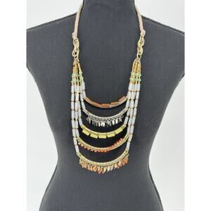 Anthropoligie Corallina Ladder Necklace Beads Rhinestones Rope Tie Boho Hippie